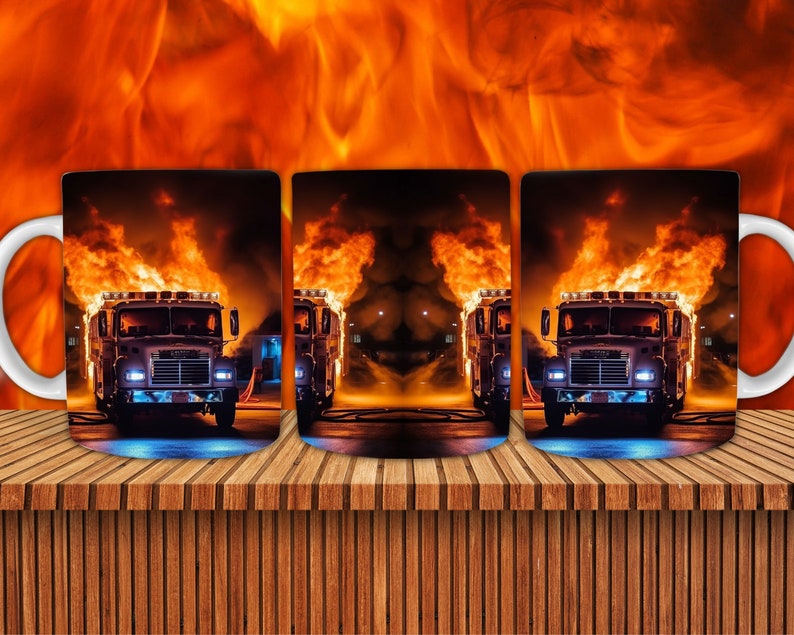 K&ouml;nnte beinhalten: Drei wei&szlig;e Keramikbecher mit einem Motiv eines Feuerwehrautos, das durch eine Flammenwand f&auml;hrt. Die Becher stehen auf einer Holzoberfl&auml;che.