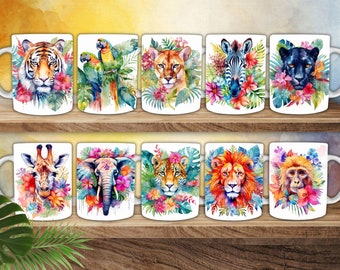 Aquarell Tiere Becher Wrap, Tier Kaffeebecher Sublimation, 11 Unzen 12 Unzen & 15 Unzen Becher, PNG, Becher Vorlage, Instant Download