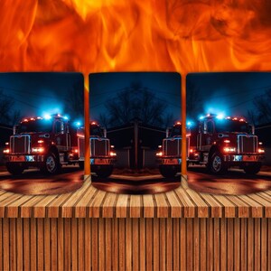 K&ouml;nnte beinhalten: Drei wei&szlig;e Keramikbecher mit einem roten Feuerwehrauto-Design. Das Feuerwehrauto f&auml;hrt auf einer dunklen Stra&szlig;e mit blinkenden blauen und roten Lichtern. Der Hintergrund ist ein verschwommenes Bild von Flammen.