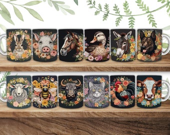 Farm Animals Mug Wrap, Sublimation, Embroidery, 11oz 12oz & 15oz Mug Wraps, PNG, Mug Template, Instant Download