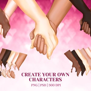 May include: A set of digital illustrations of hands in various skin tones holding each other. The hands are in a variety of poses, and the background is a soft pink with white hearts.