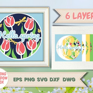 Hello Spring Shadowbox, 3D Ostern SVG, Cricut, Blumen, Light box geschnitten Datei, Papier Handwerk, Vektor, Cardstock SVG, Wanddeko