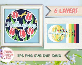 Hello Spring Shadowbox, 3D Ostern SVG, Cricut, Blumen, Light box geschnitten Datei, Papier Handwerk, Vektor, Cardstock SVG, Wanddeko