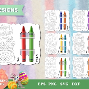 Paquet SVG de carte de coloriage de Pâques, porte-crayon, coloriage, feuilles à colorier, cotillons, artisanat en papier