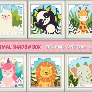 Dieren Shadowbox SVG, giraffe, panda, lama, eenhoorn, leeuw, olifant, DIY, frame Cricut, frame gesneden bestand, Paper Craft, Papercut