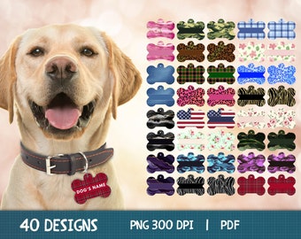 May include: 40 different designs for dog tags. The tags are in the shape of a bone and feature various patterns, including camouflage, plaid, floral, and animal print. The text "DOG'S NAME" is visible on one of the tags.