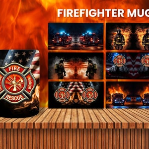K&ouml;nnte beinhalten: Eine wei&szlig;e Keramiktasse mit einem schwarzen und roten Feuerwehr-Emblem. Das Emblem zeigt die W&ouml;rter "Fire", "Courage", "Rescue" und "Honor" um ein rotes Kreuz mit einer Axt und einer Leiter. Die Tasse ist von einer amerikanischen Flagge und Flammen umgeben.