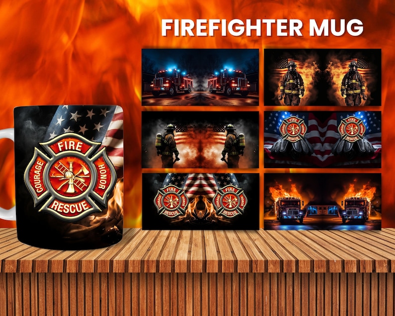 K&ouml;nnte beinhalten: Eine wei&szlig;e Keramiktasse mit einem schwarzen und roten Feuerwehr-Emblem. Das Emblem zeigt die W&ouml;rter "Fire", "Courage", "Rescue" und "Honor" um ein rotes Kreuz mit einer Axt und einer Leiter. Die Tasse ist von einer amerikanischen Flagge und Flammen umgeben.