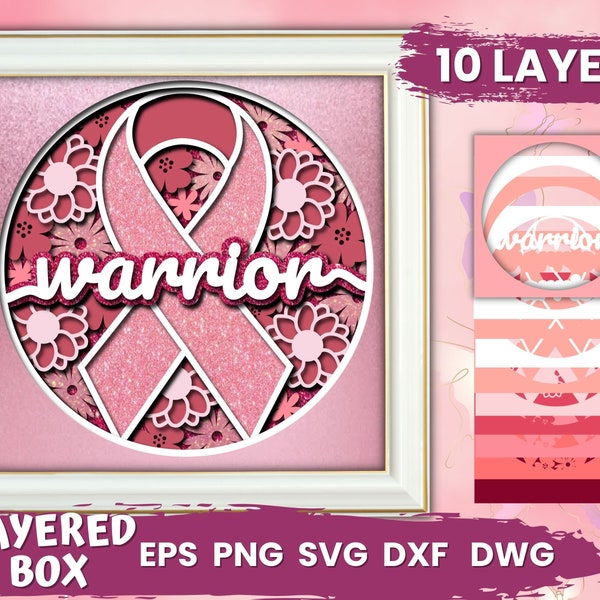 Cancer Mandala Shadowbox SVG, Breast cancer, Cancer awareness, Layered mandala, Zentangle, Shadowbox, Light box, Cricut, Cut file