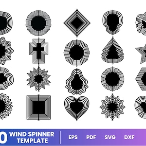 May include: A set of 20 black and white wind spinner templates. The templates are in various shapes, including circles, squares, stars, hearts, and more. The templates are designed to be cut out and used to create wind spinners.