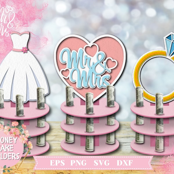 Wedding Money Cake SVG Bundle, Wedding Shower Money Holder, Money Card, Bride, Groom, Paper Craft