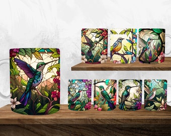 Buntglas Vogel Becher Sublimation, 11 Unzen 12 Unzen & 15 Unzen Becher Wraps, PNG, Becher Vorlage, Instant Download