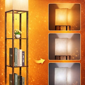 Puede incluir: Una lámpara de pie con estantería multifuncional con una pantalla rectangular y tres estantes. La lámpara tiene un marco marrón e incluye libros y un pequeño jarrón con flores. La imagen también muestra tres colores de luz diferentes.