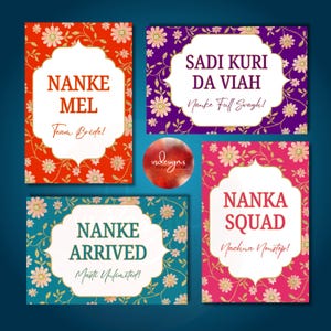 May include: Four colorful cards with floral patterns and text. The cards have a white, ornate border. The text includes "NANKE MEL Team Bride!", "SADI KURI DA VIAH Manke Full Swagh!", "NANKE ARRIVED Masti Unlimited!", and "NANKA SQUAD Nachna Nonstop!"