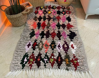 Tapis Boucherouite Fait Main 160cmx100cm (5'3"x3'3"), Tapis Damier Coloré, Tapis Carreaux Coloré, Petit Tapis, Boucherouite Berbère