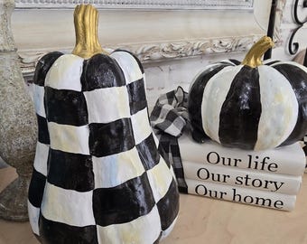 Hand painted fall black and white pumpkins, Harlequin Pumpkin, black and white checkered pumpkins, thanksgiving Decoration, fall decor