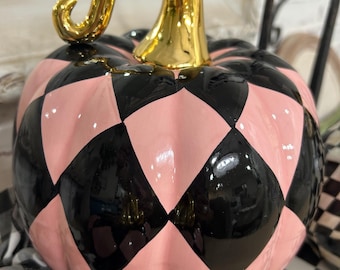Black and pink Harlequin Pumpkin, black and pink checkered pumpkins, thanksgiving Decoration, pink decor, pink fall
