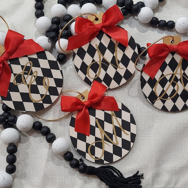 Whimsical Christmas tree ornaments, Harlequin ornaments White and black ornaments, black and white ornaments, Xmas personalized ornaments,
