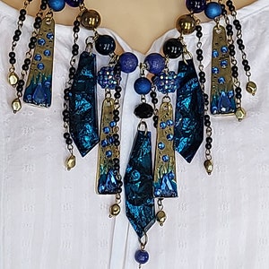TRESKA Large Cobalt Blue Glass Beads, Filigree Vintage Gold, Colorful Chandelier EXTRA Long Necklace, RARE find Collection, One of a Kind