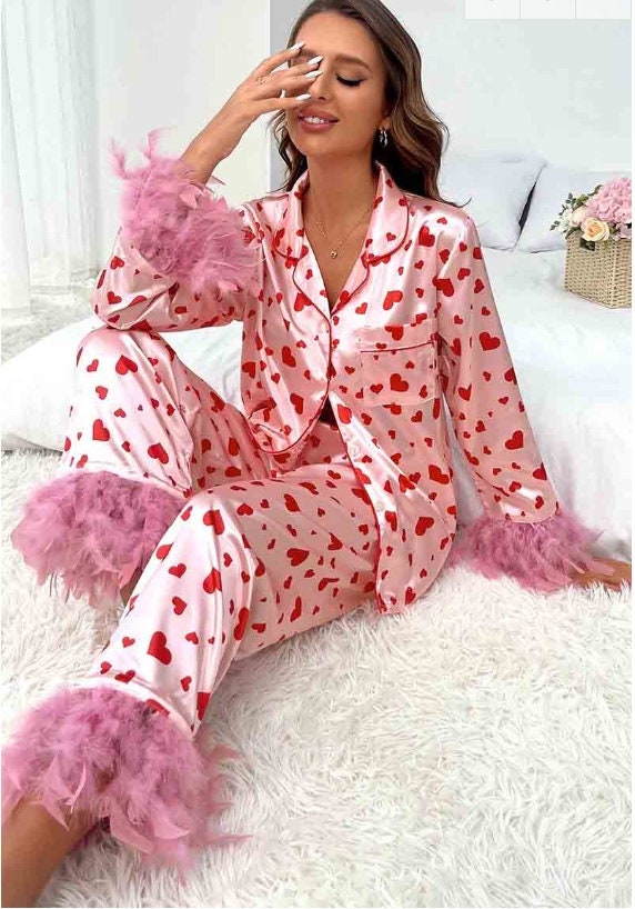 Women's Valentine's Day Pink Heart Pajamas Etsy