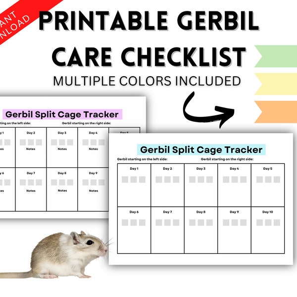 Gerbil Split Cage Tracker, Pet Gerbil Checklist, Gerbil Care, Digital Download, 8.5" x 11", letter, multiple colors included