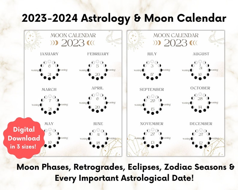 2023 2024 Moon & Astrology Calendar Instant Download Moon Phase and