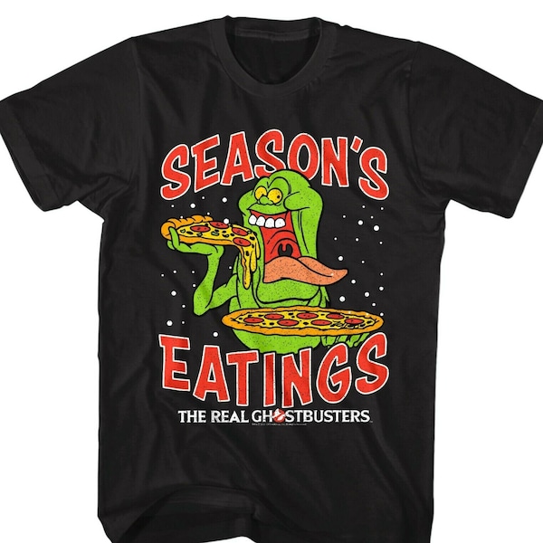The Real Ghostbusters Adult T-Shirt Seasons Eatings Pizza Slimer Hungry Ghost Christmas Gift