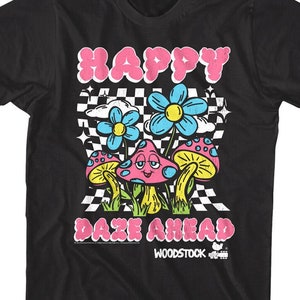 Woodstock Happy Daze Ahead Adult T-Shirt Magic Mushroom Trippy Hippie Music