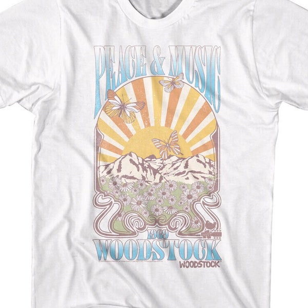 Woodstock Butterfly Mountain Sunset Adult T-Shirt Peace Music Daisies Hippie