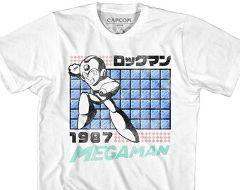 MegaMan Adult T-Shirt Japan 1987 Faded Graphic Tees Rokkuman Capcom Video Game Anime Merch Vintage Style Gamer Lover Character Shirts