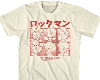 Megaman Chibi Character Adult Shirt Kanji Rokkuman Poser Print Top Capcom Gamer Shirt Retro Video Game Merch Japanese Cartoon Tees