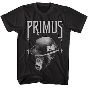May include: Black t-shirt with a white graphic of a monkey wearing a hat with an ace of spades on it. The text "PRIMUS" is above the monkey.