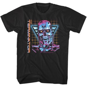 May include: Black t-shirt with a retro-style graphic of the Terminator, a cyborg with a glowing red eye, in a grid pattern. The text "THE TERMINATOR" is printed vertically on the left side of the graphic.