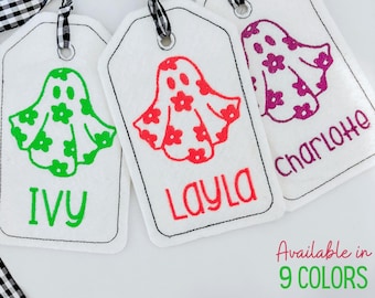 Personalized Embroidered Halloween Tag- Neon Flower Ghost