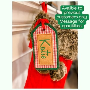 GREEN BACKGROUND Embroidered Stocking Tags Name Personalized Custom Stockings 6 Inch Personalized Gift Tag Christmas Stitched