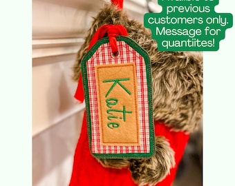 Personalized Embroidered Christmas Stocking Tag: Green Felt, Stitched Name (6 Inch)