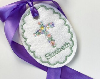 Personalized floral  cross Easter Basket Tag-Embroidered Bunny, Flowers Monogram Name