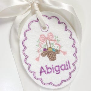 Personalized Easter Basket With Bow Tag-Embroidered Bunny, Flowers Monogram Name