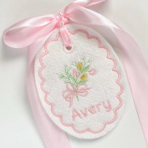 Easter Basket Tag- Embroidered Tulip Bouquet- Personalized