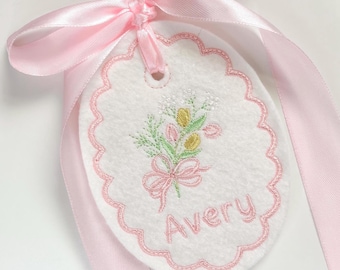 Easter Basket Tag- Embroidered Tulip Bouquet- Personalized