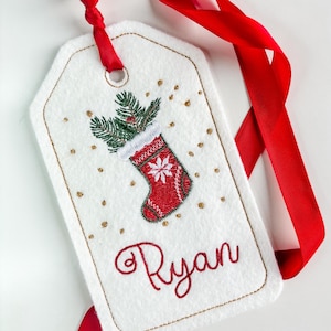 PERSONALIZED 6 Inch Embroidered Red Stocking Gift Tag, Stocking Tag