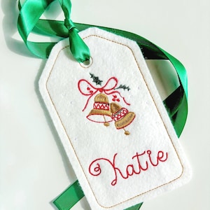 PERSONALIZED 6 Inch Embroidered Christmas Bells Stocking Gift Tag