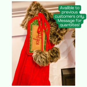 RED BACKGROUND Embroidered Stocking Tags Name Personalized Custom Stockings 6 Inch Personalized Gift Tag Christmas Stitched