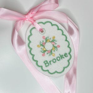 Easter Basket Tag- Embroidered Tulip Wreath- Personalized