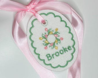 Easter Basket Tag- Embroidered Tulip Wreath- Personalized
