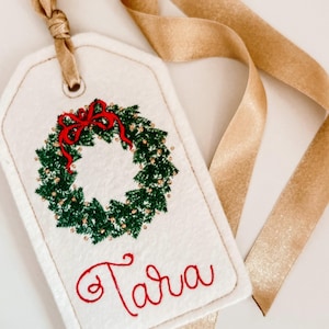 PERSONALIZED 6 Inch Embroidered Wreath stocking tag