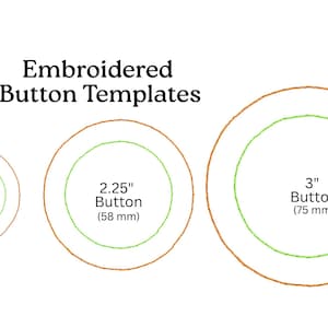 May include: Image of three embroidered button templates in varying sizes. The smallest is 1.25 inches (32 mm), the middle is 2.25 inches (58 mm), and the largest is 3 inches (75 mm). Each template has a green inner circle and a brown outer ring.