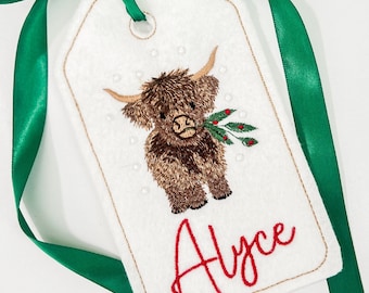 PERSONALIZED 6 Inch Embroidered Highland Cow stocking tag