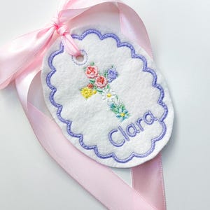 Personalized Easter  flower Cross Easter Basket Tag-Embroidered Bunny, Floral Monogram Name