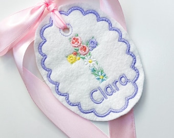 Personalized Easter  flower Cross Easter Basket Tag-Embroidered Bunny, Floral Monogram Name